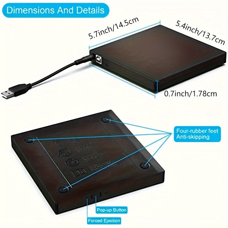 USB 2.0 Slim Portable External CD/DVD-RW Drive voor Laptop, Notebook & Desktop - Brand- en Lezersfunctie